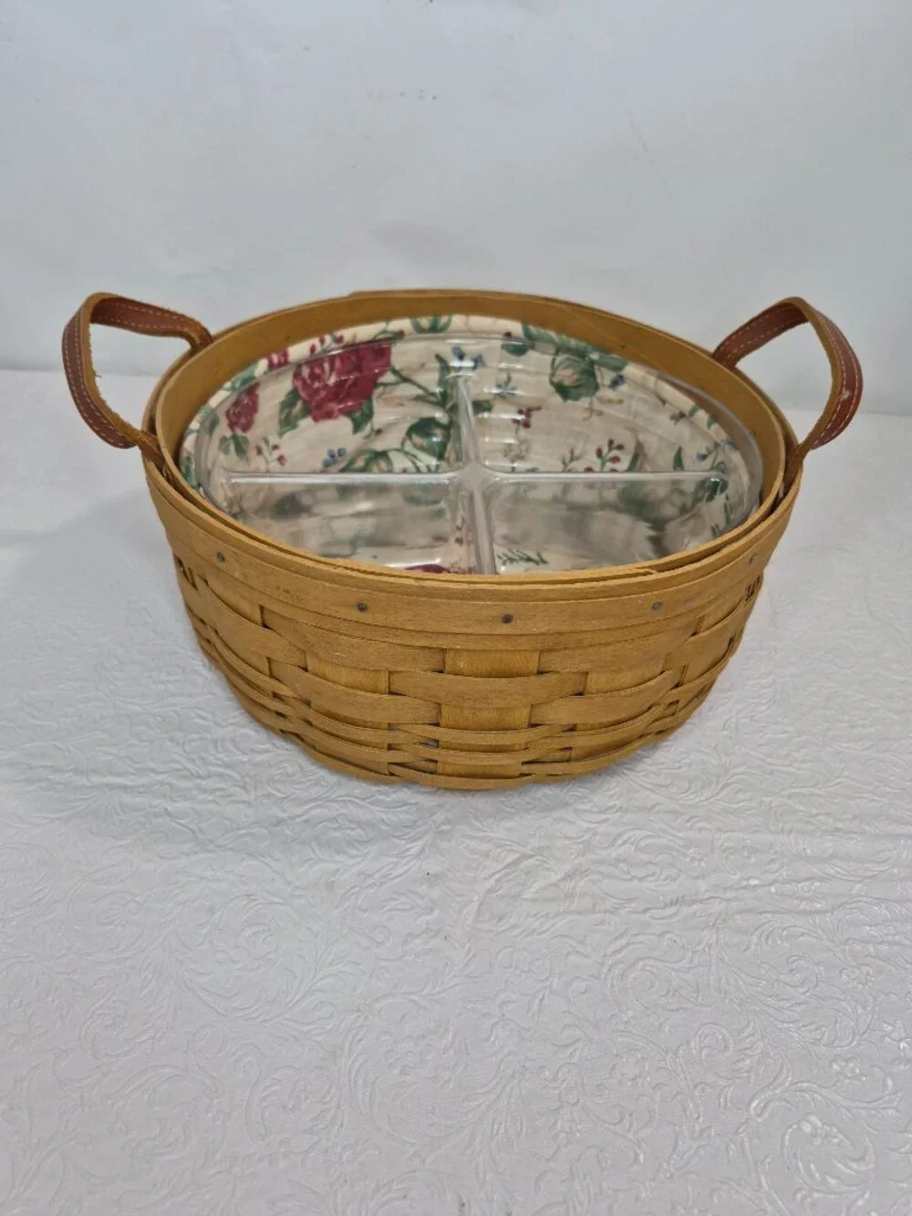 Vtg Longaberger Handmade Fabric Lined Button Wicker Basket Insert Leather Handle